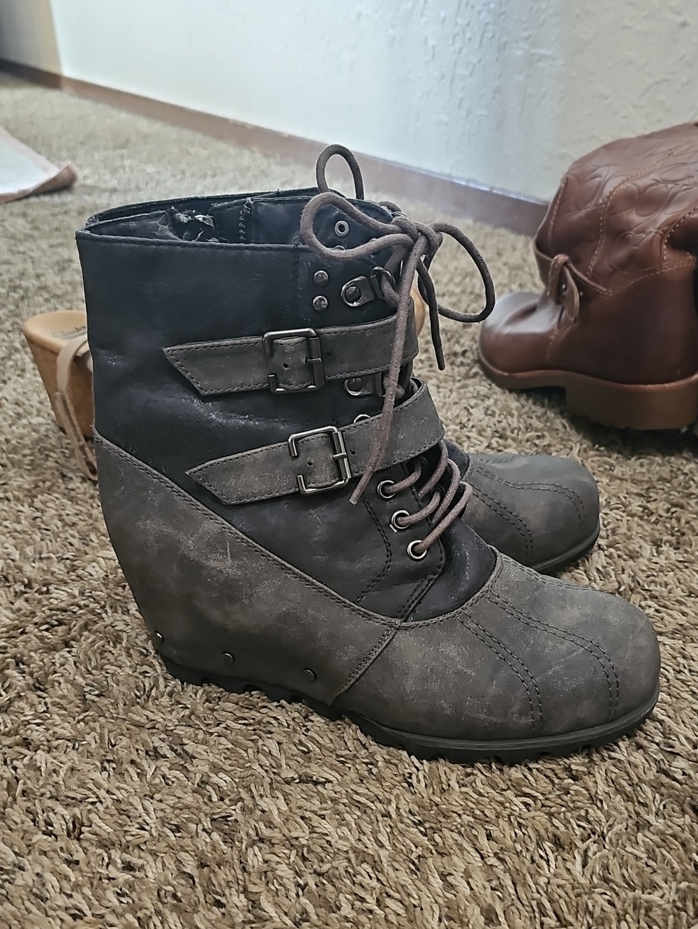 Not Rated Gray Wedge Lace-Up Ankle Boots with Buckles